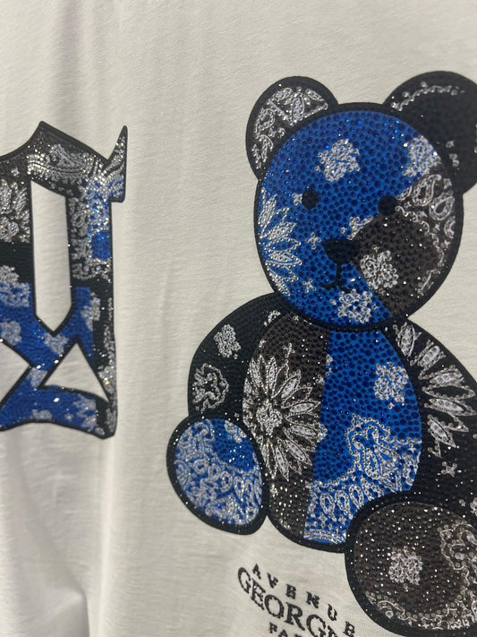 Camiseta Avenue George V París Blanca Pedrería Brillante Oso Azul - Rey De La Calle