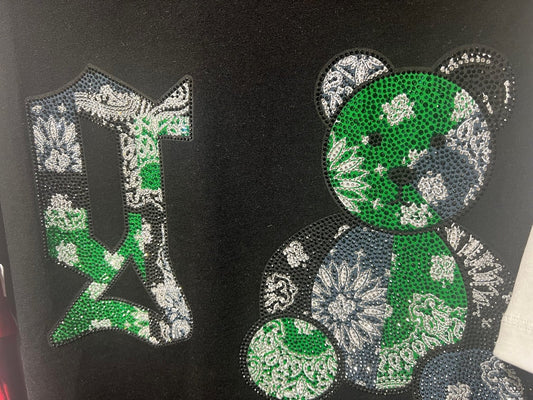 Camiseta Avenue George V París Negra Pedrería Brillante Oso Verde - Rey De La Calle