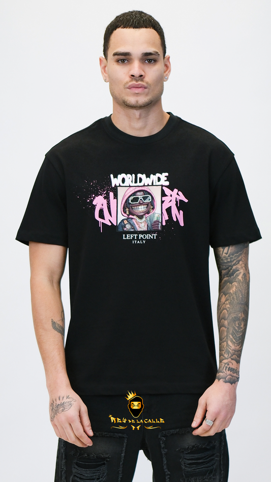 Camiseta Left Point Negra Terciopelo y Pedrería Brillante Worldwide - Rey De La Calle