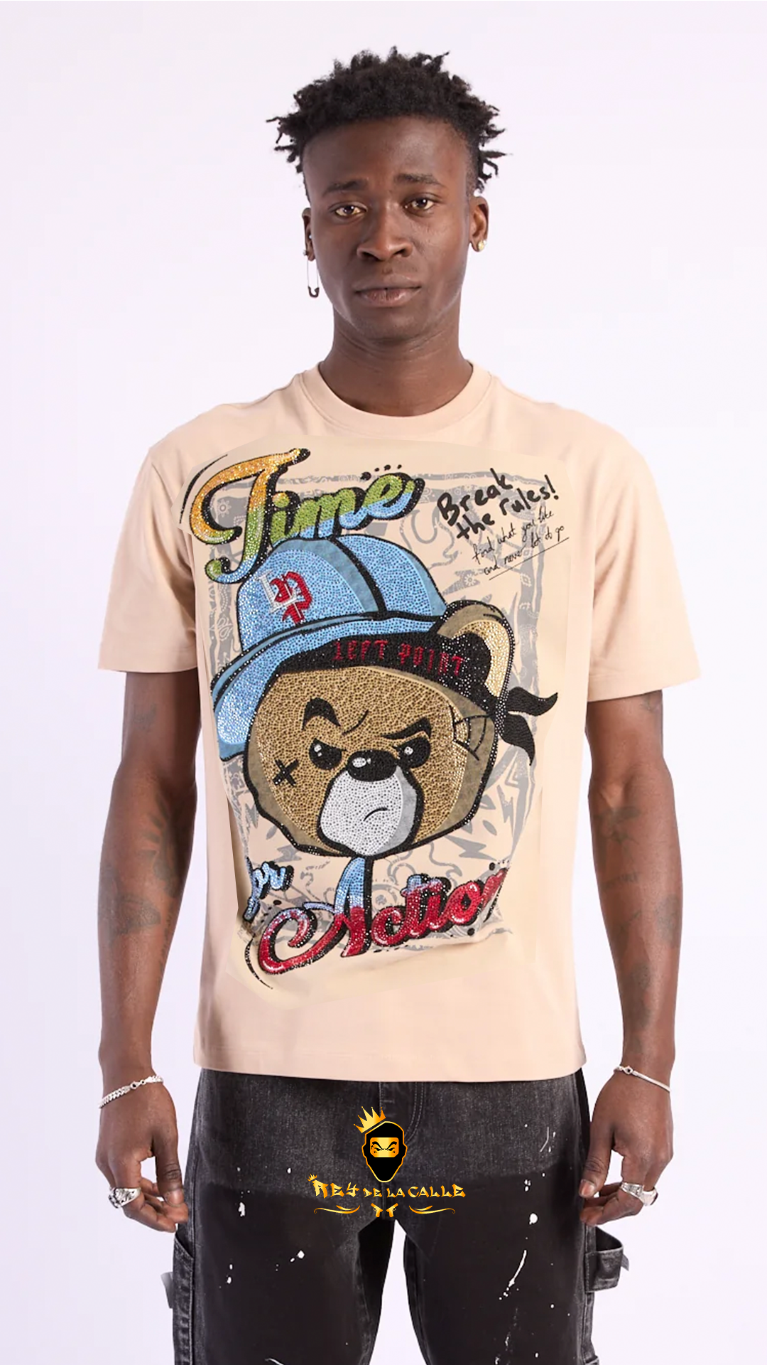 Camiseta Left Point Beige Pedrería Brillante Oso Time For Action - Rey De La Calle