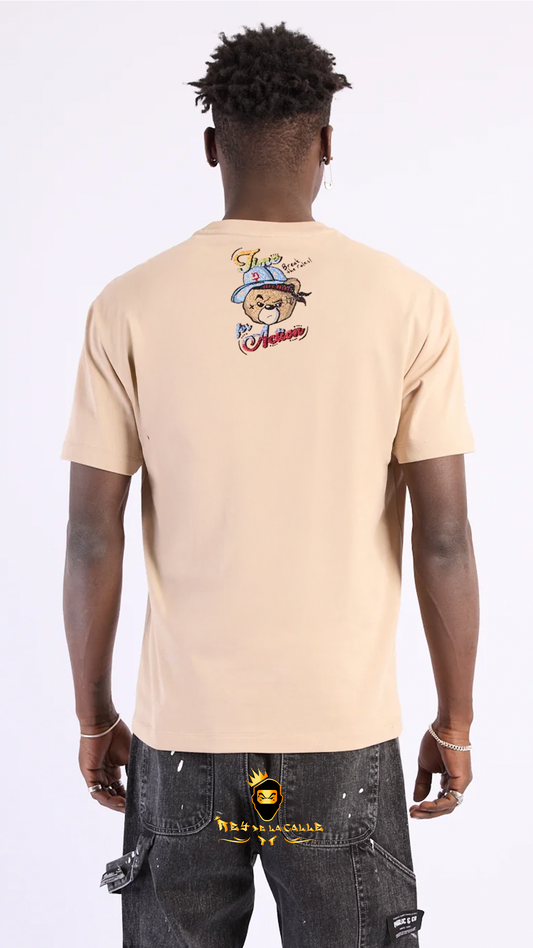 Camiseta Left Point Beige Pedrería Brillante Oso Time For Action - Rey De La Calle