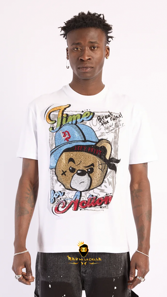 Camiseta Left Point Blanca Pedrería Brillante Time For Action - Rey De La Calle