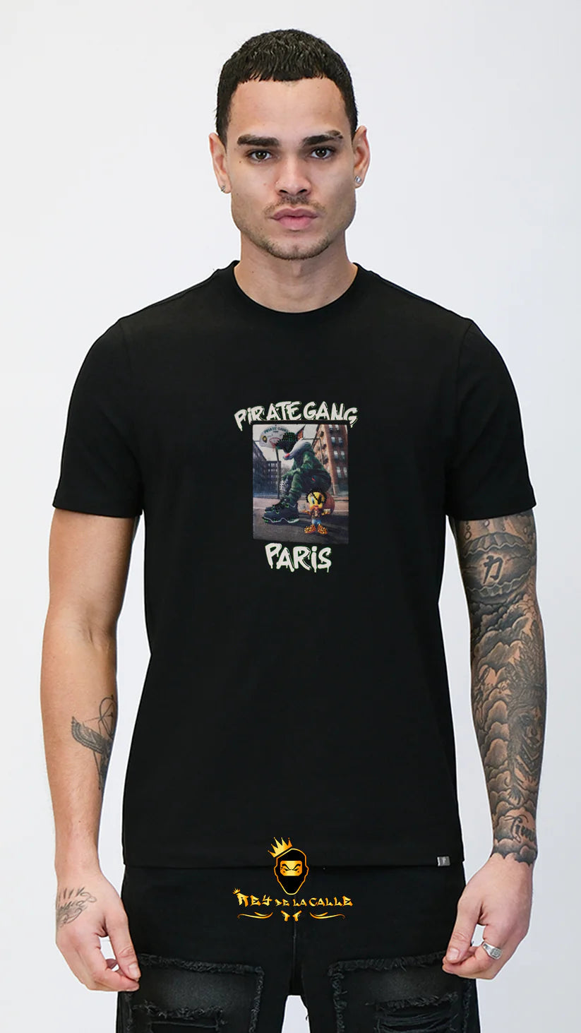 Conjunto. Camisetas o pantalon corto Pirate Gang Paris Negra Terciopelo y Pedrería Brillante Tweety Rey De La Calle