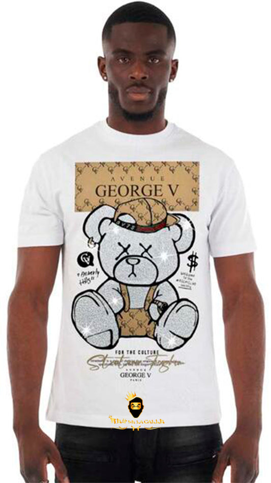 Camiseta Avenue George V París Blanca Pedrería Brillante Oso Blanco For the Culture Rey De La Calle