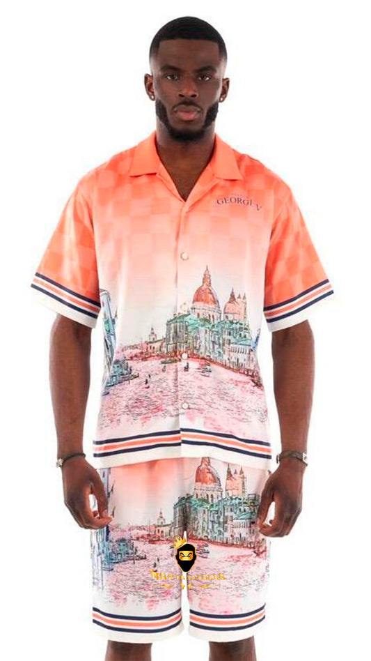 Camisa Satin Avenue George V Paris Pintura Ciudad Naranja Rey De La Calle