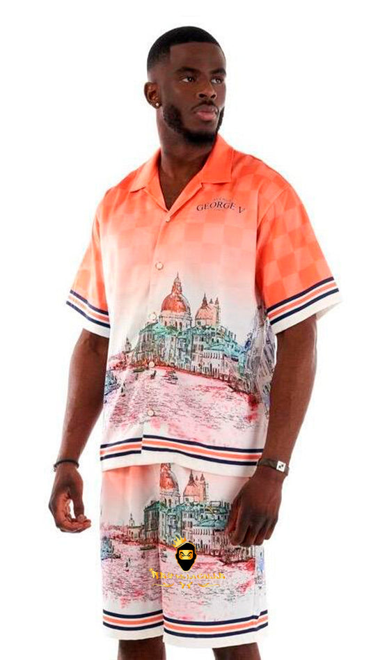 Camisa Satin Avenue George V Paris Pintura Ciudad Naranja Rey De La Calle