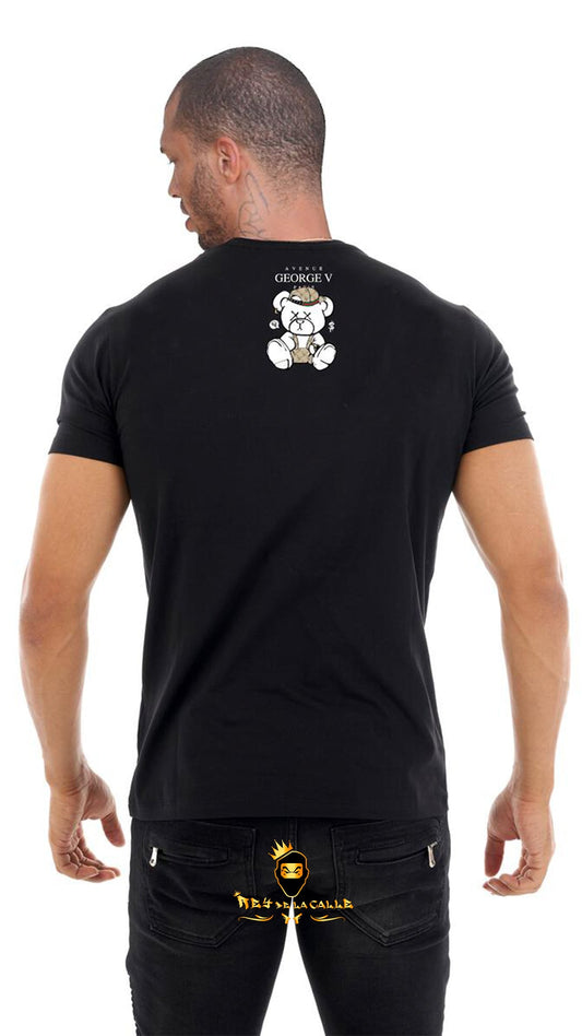 Camiseta Avenue George V París Negra Pedrería Brillante Oso Blanco For the Culture Rey De La Calle