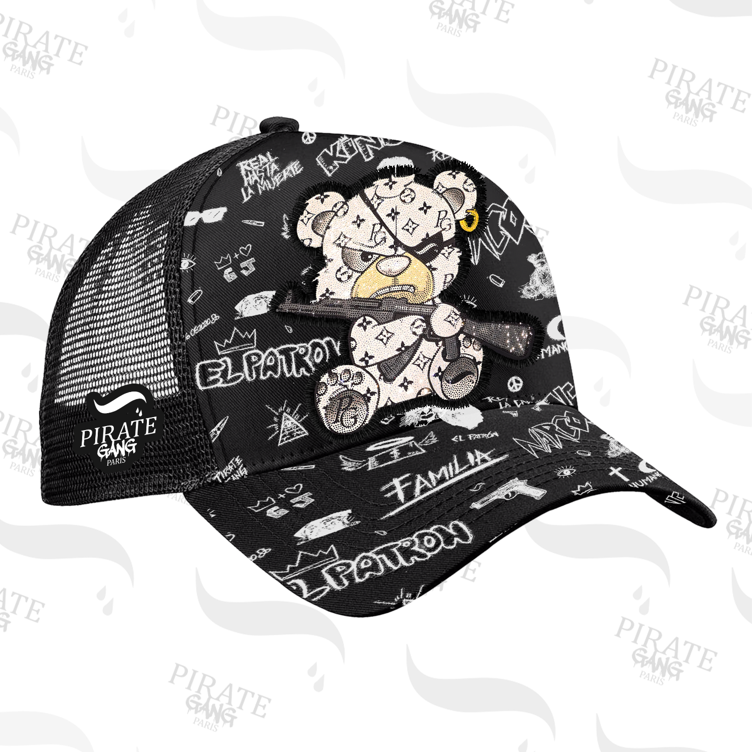 Gorra Pirate Gang Paris Negra Pedreria Brillante Oso Blanco Ak47 - Rey De La Calle