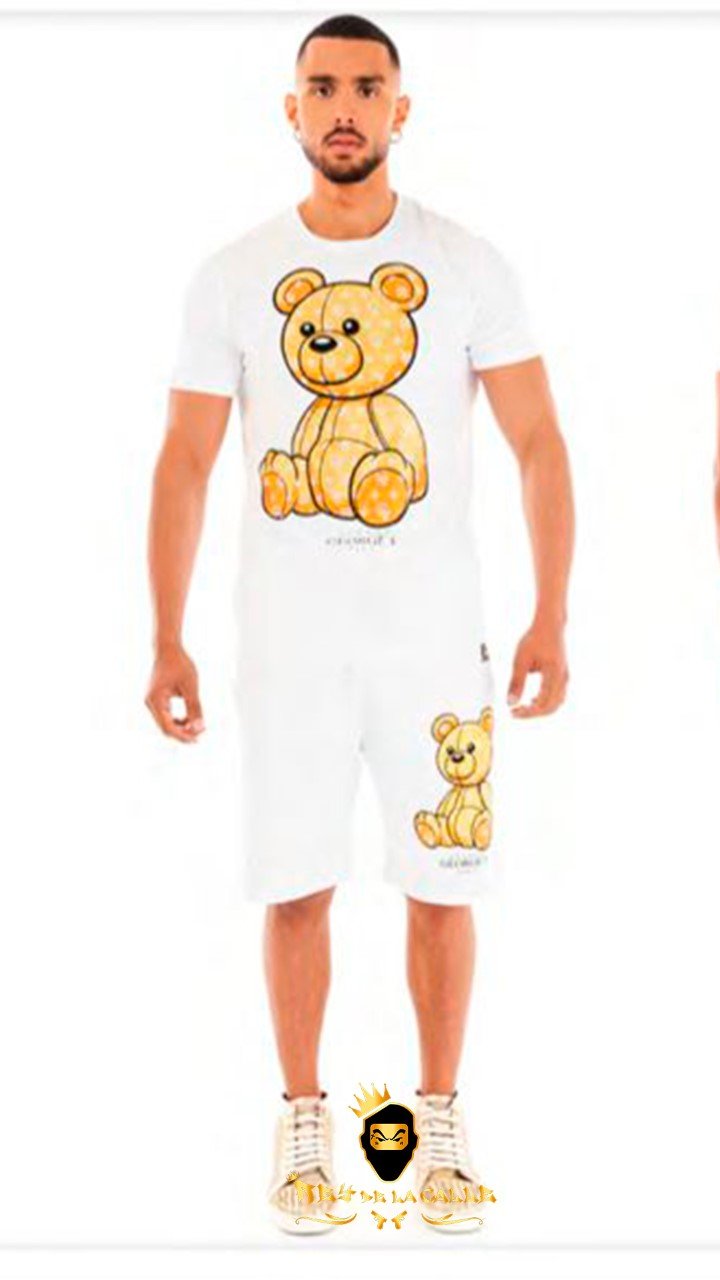 Conjunto Avenue George V Paris Blanco Pedrería Brillante Oso Dorado - Rey De La Calle