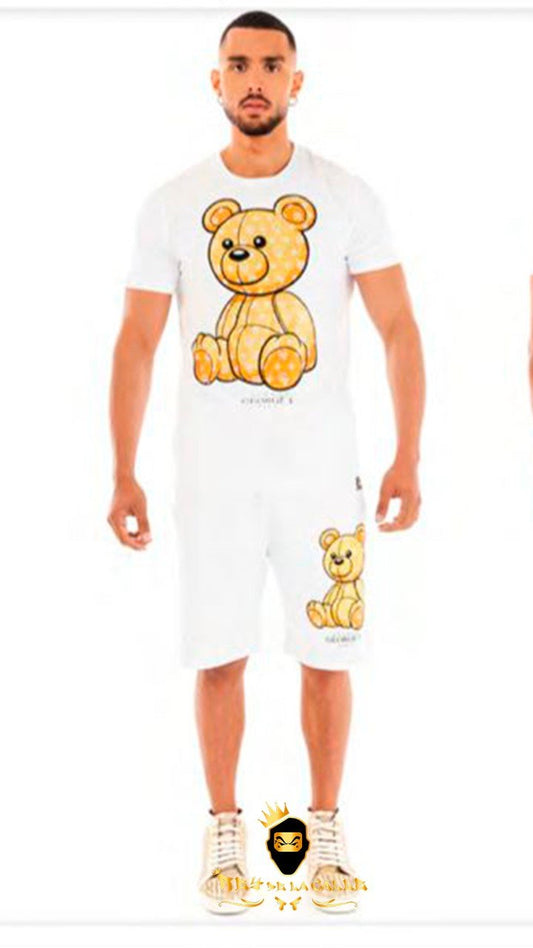 Conjunto Avenue George V Paris Blanco Pedrería Brillante Oso Dorado - Rey De La Calle