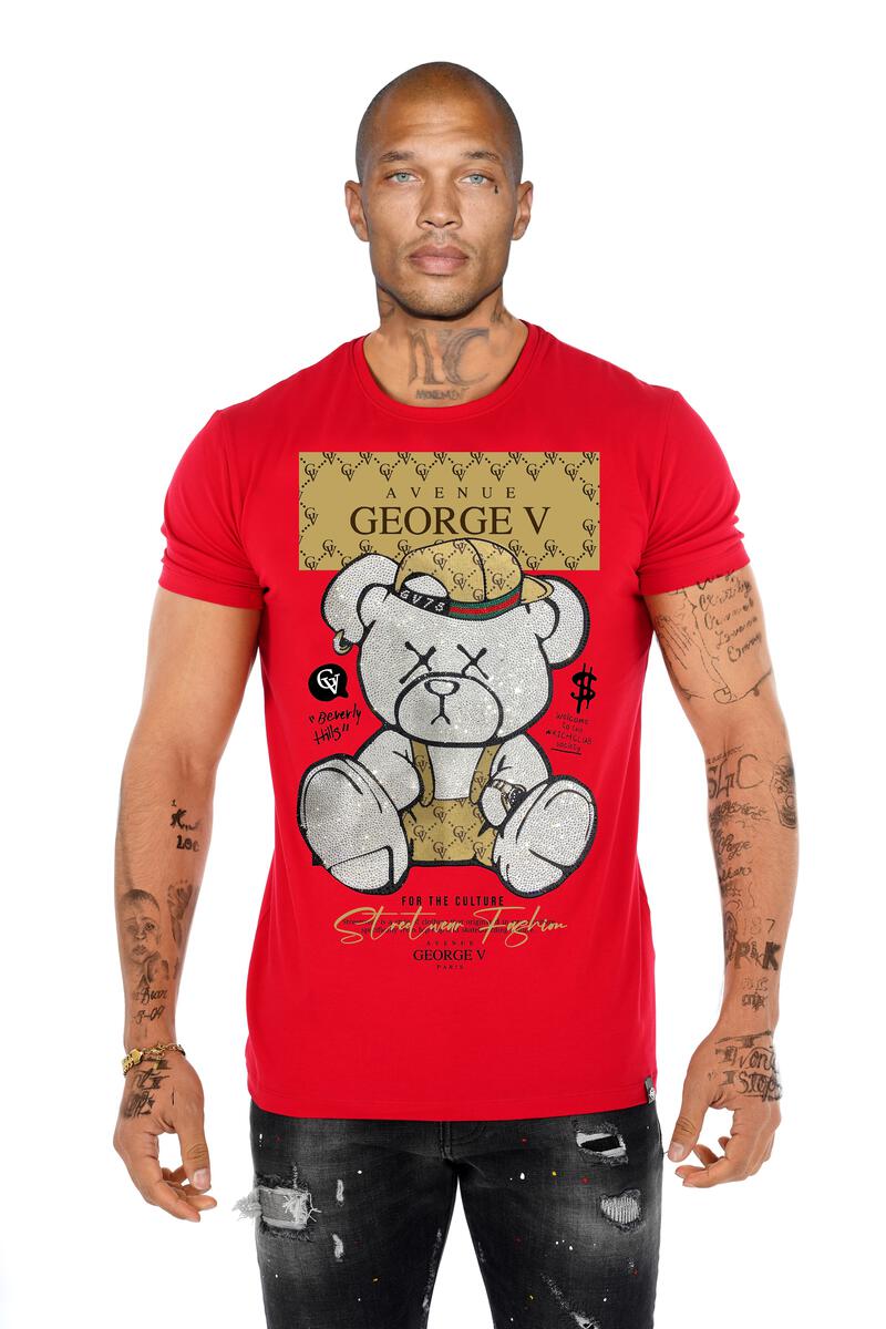 Camiseta Avenue George V París Rojo Pedrería Brillante Oso Blanco For the Culture Rey De La Calle