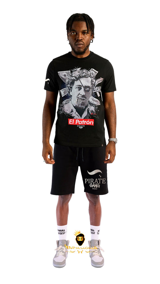Conjunto. Camisetas o pantalon corto Pirate Gang Paris Negra Pedrería Brillante El Patrón Rey De La Calle
