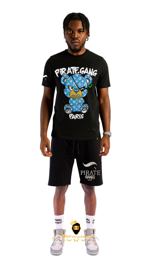 Conjunto. Camisetas o pantalon corto Pirate Gang Paris Negra Pedrería Brillante Oso Azul Rey De La Calle