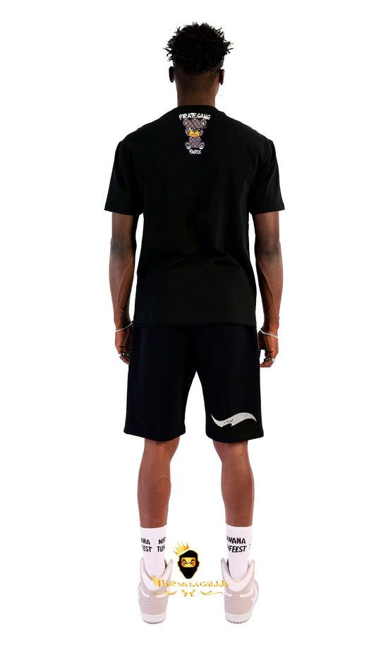 Conjunto. Camisetas o pantalon corto Pirate Gang Paris Negra Pedrería Brillante Oso Negro Rey De La Calle