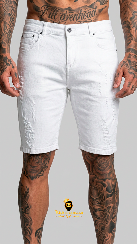 Pantalones Cortos Vaqueros Blancos para Hombre con Detalles Rotos y Ajuste Slim SIKSILK