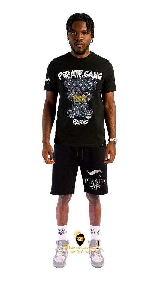 Conjunto. Camisetas o pantalon corto Pirate Gang Paris Negra Pedrería Brillante Oso Negro Rey De La Calle