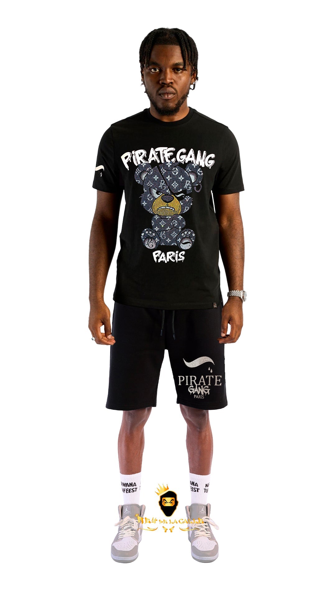 Conjunto. Camisetas o pantalon corto Pirate Gang Paris Negra Pedrería Brillante Oso Negro Rey De La Calle