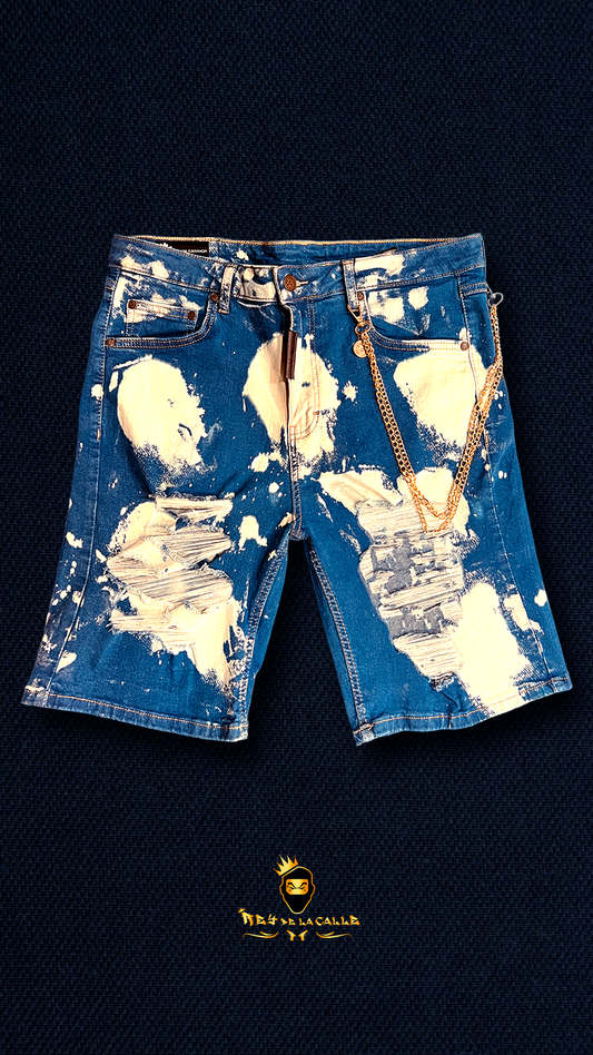 Pantalones Cortos Vaqueros Azules con Lavado de Lejía, Rotos y Doble Cadena Dorada GIANNI KAVANAGH