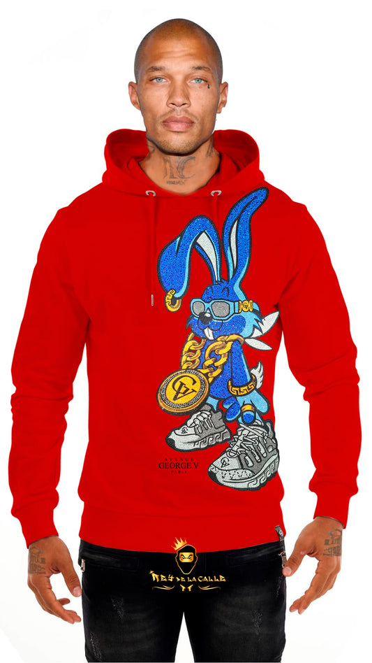 SUDADERA AVENUE GEORGE V PARIS ROJA DE CONEJO AZUL BLING BLING Rey De La Calle
