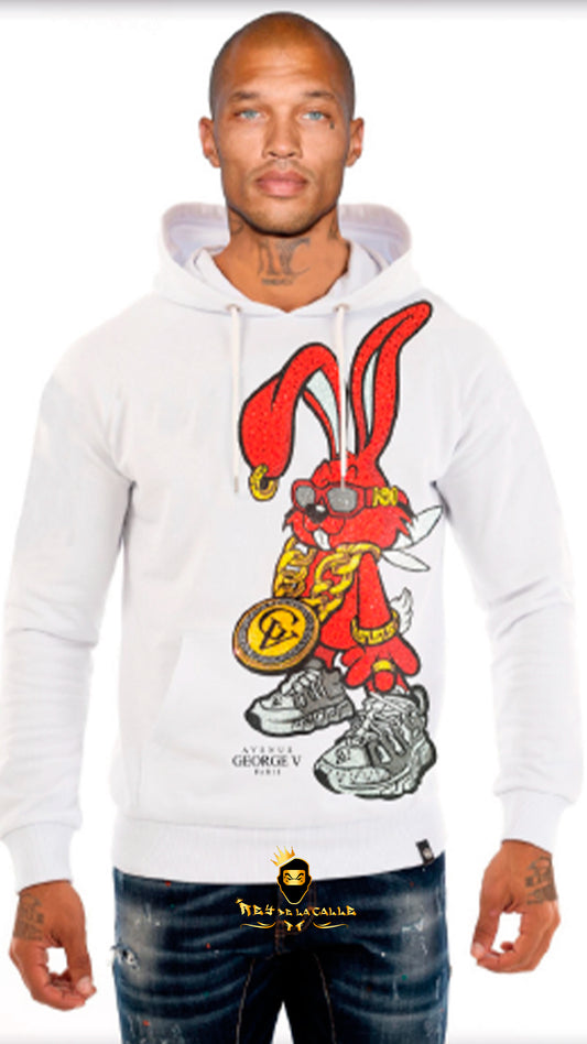 SUDADERA AVENUE GEORGE V PARIS BLANCA DE CONEJO ROJO BLING BLING Rey De La Calle