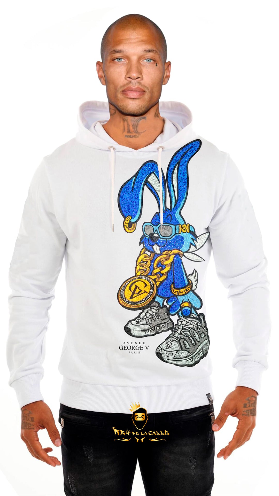 SUDADERA AVENUE GEORGE V PARIS BLANCA DE CONEJO AZUL BLING BLING Rey De La Calle