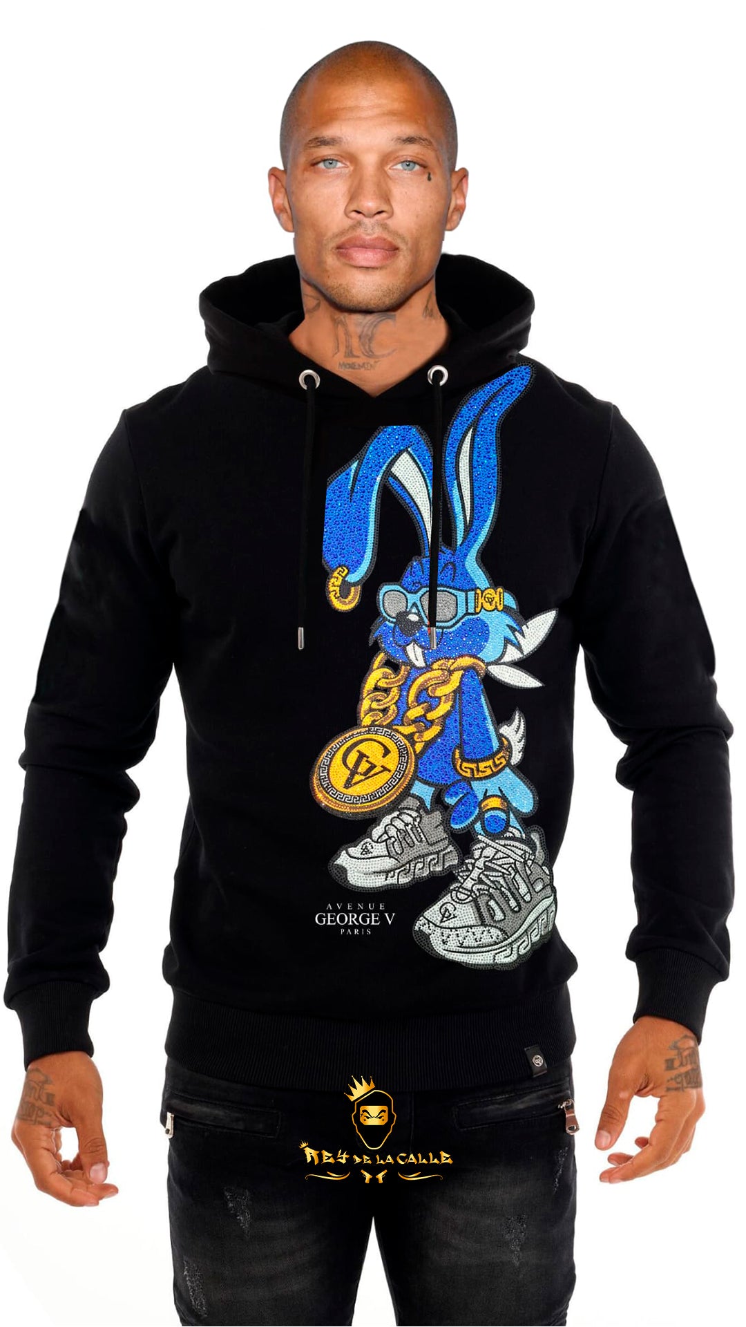 SUDADERA AVENUE GEORGE V PARIS NEGRA DE CONEJO AZUL BLING BLING Rey De La Calle