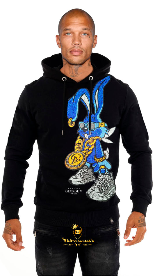 SUDADERA AVENUE GEORGE V PARIS NEGRA DE CONEJO AZUL BLING BLING Rey De La Calle