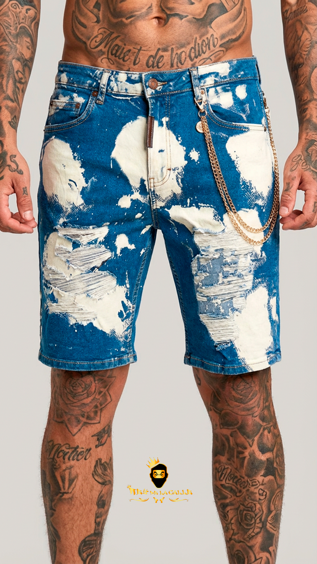 Pantalones Cortos Vaqueros Azules con Lavado de Lejía, Rotos y Doble Cadena Dorada GIANNI KAVANAGH