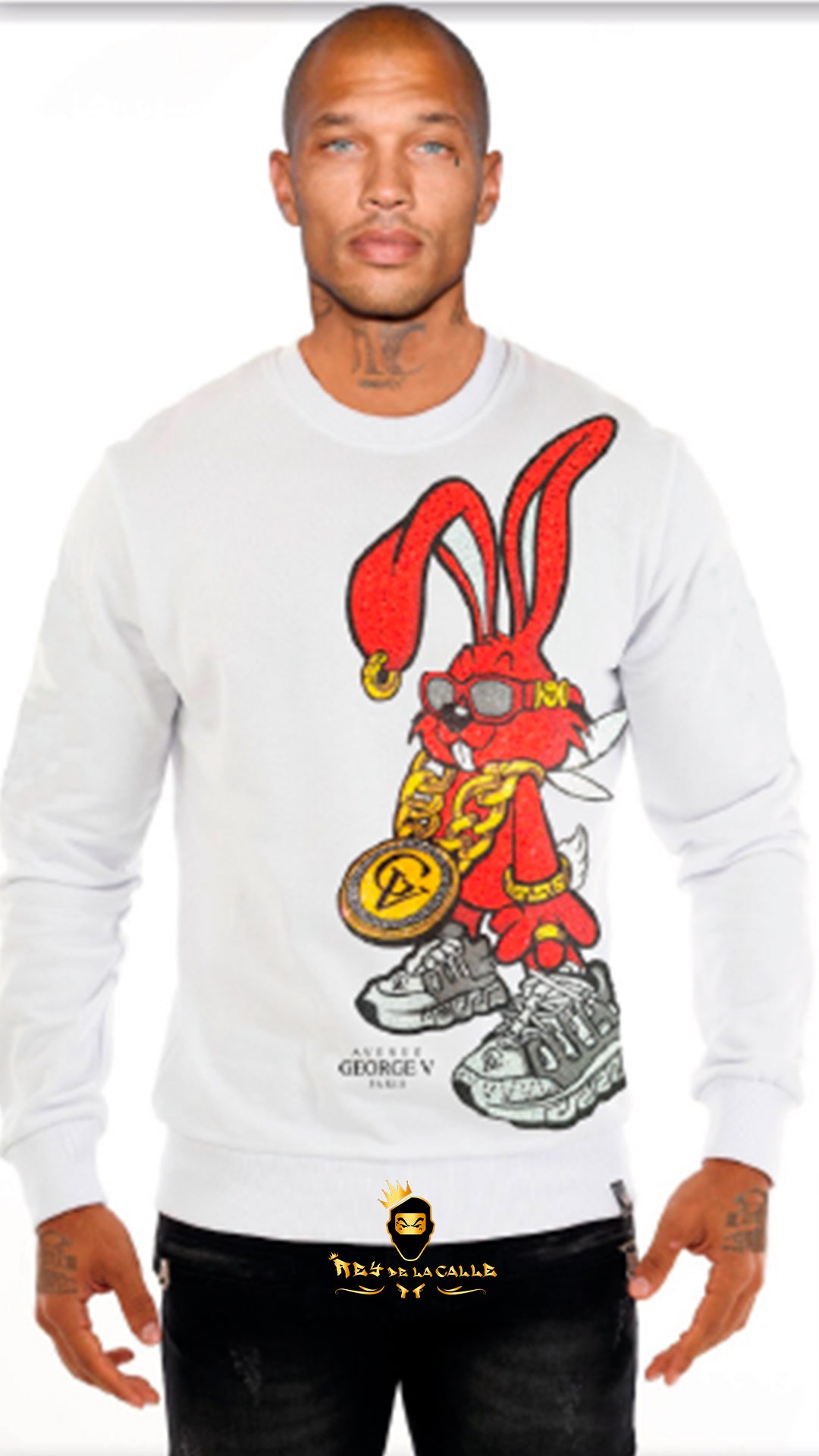 SUDADERA AVENUE GEORGE V PARIS BLANCA DE CONEJO ROJO BLING BLING Rey De La Calle