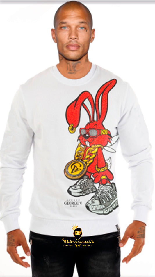 SUDADERA AVENUE GEORGE V PARIS BLANCA DE CONEJO ROJO BLING BLING Rey De La Calle