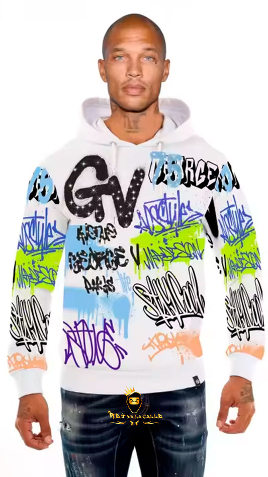 SUDADERA AVENUE GEORGE V PARIS BLANCA DE GRAFFITIS OVERSIZE Rey De La Calle