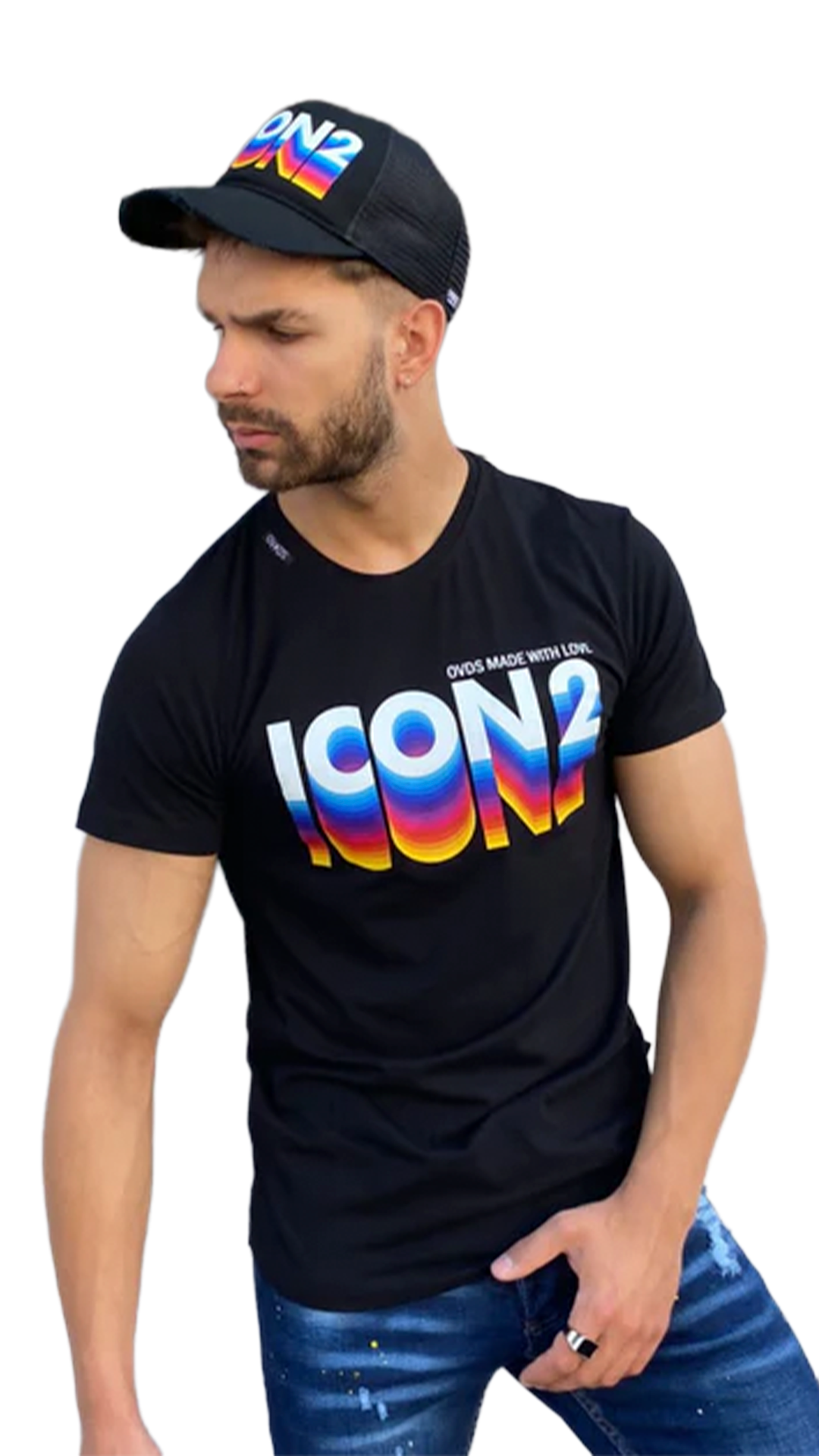 Camiseta Negra ICON2 para Hombre con Gráfico en Degradado Multicolor OVDS