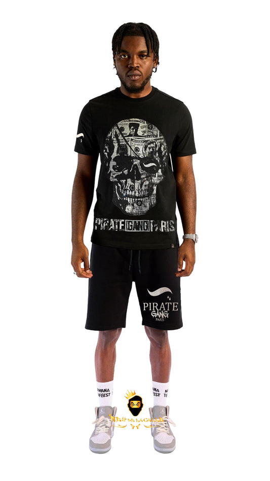 Conjunto. Camisetas o pantalon corto Pirate Gang Paris Negra Terciopelo y Pedrería Brillante Negra Pedrería Brillante Calavera Rey De La Calle