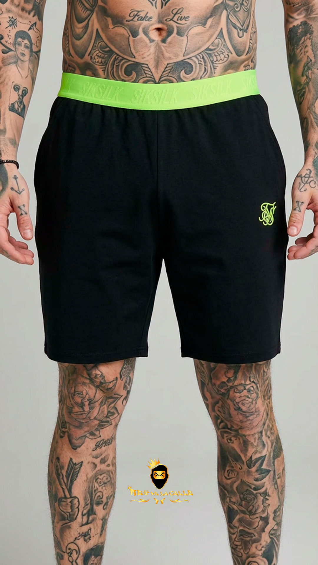 Pantalones Cortos Deportivos Negros SikSilk con Cintura Elástica Verde Neón y Logo Bordado
