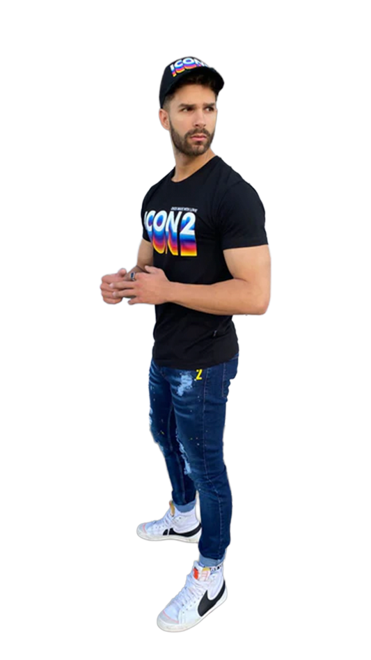 Camiseta Negra ICON2 para Hombre con Gráfico en Degradado Multicolor OVDS