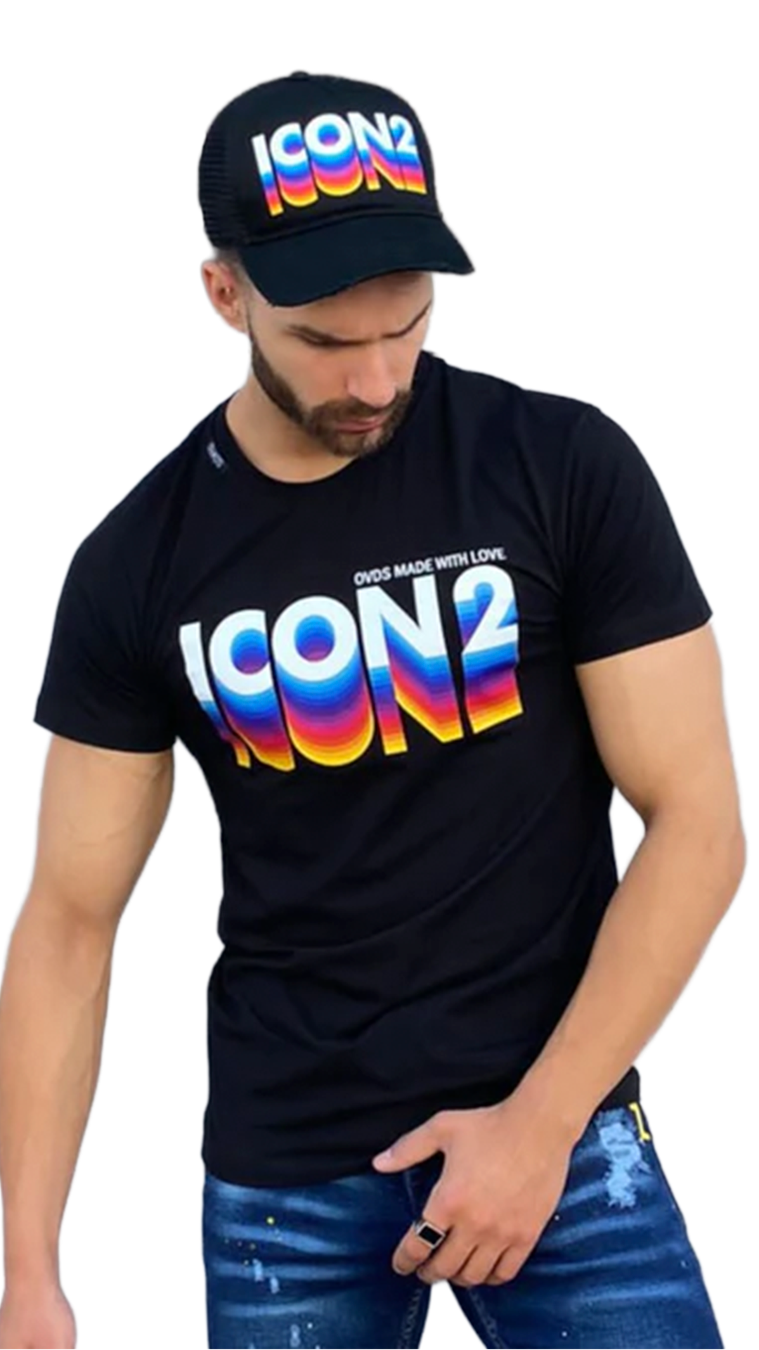Camiseta Negra ICON2 para Hombre con Gráfico en Degradado Multicolor OVDS
