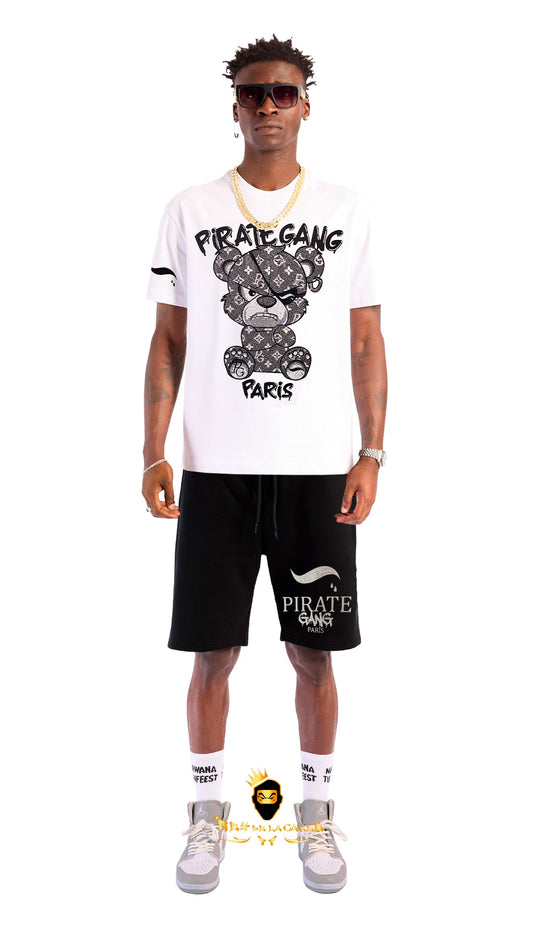 Conjunto. Camisetas o pantalon corto Pirate Gang Paris Blanca Pedrería Brillante Oso Negro Rey De La Calle
