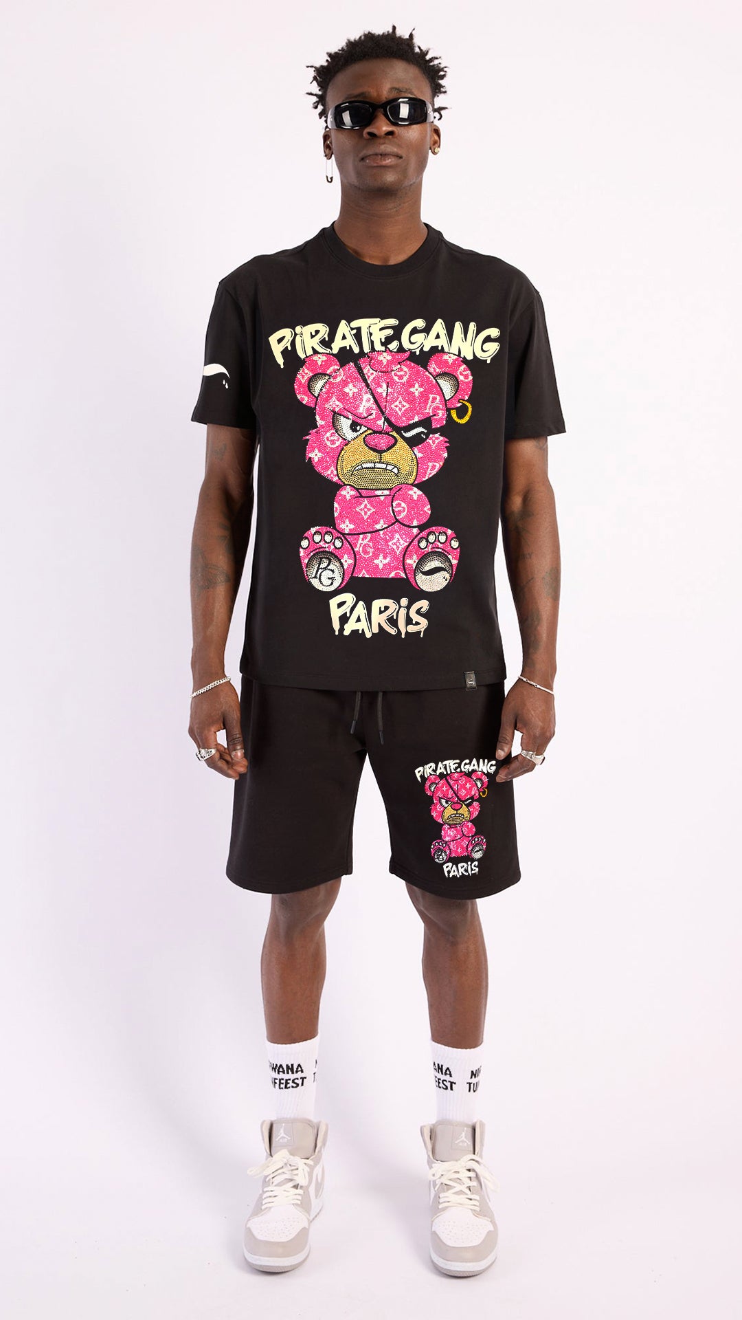 Conjunto Pirate Gang París Negro Pedrería Brillante Oso Rosa