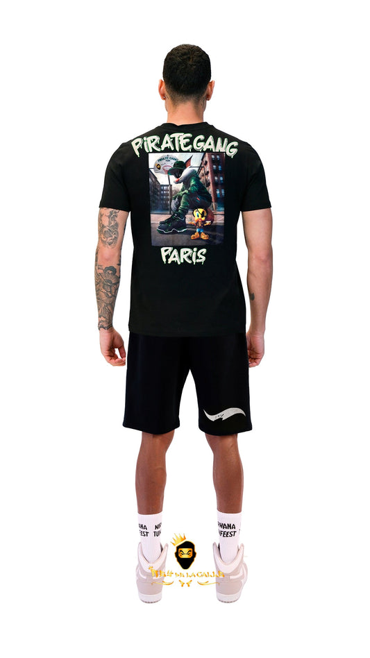 Conjunto. Camisetas o pantalon corto Pirate Gang Paris Negra Terciopelo y Pedrería Brillante Tweety Rey De La Calle