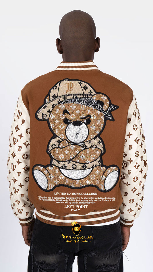 CHAQUETA COLLEGE OSITO BEIGE Y MARRON Rey De La Calle