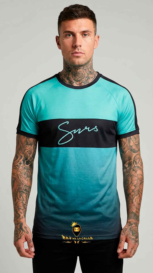 Camiseta de Hombre Tricolor Verde Agua, Negro y Blanco con Logo Bordado Central