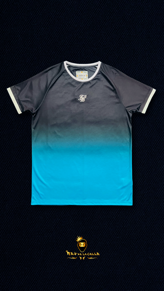 Camiseta Técnica 'SikSilk' con Degradado Negro a Turquesa y Ribetes Blancos