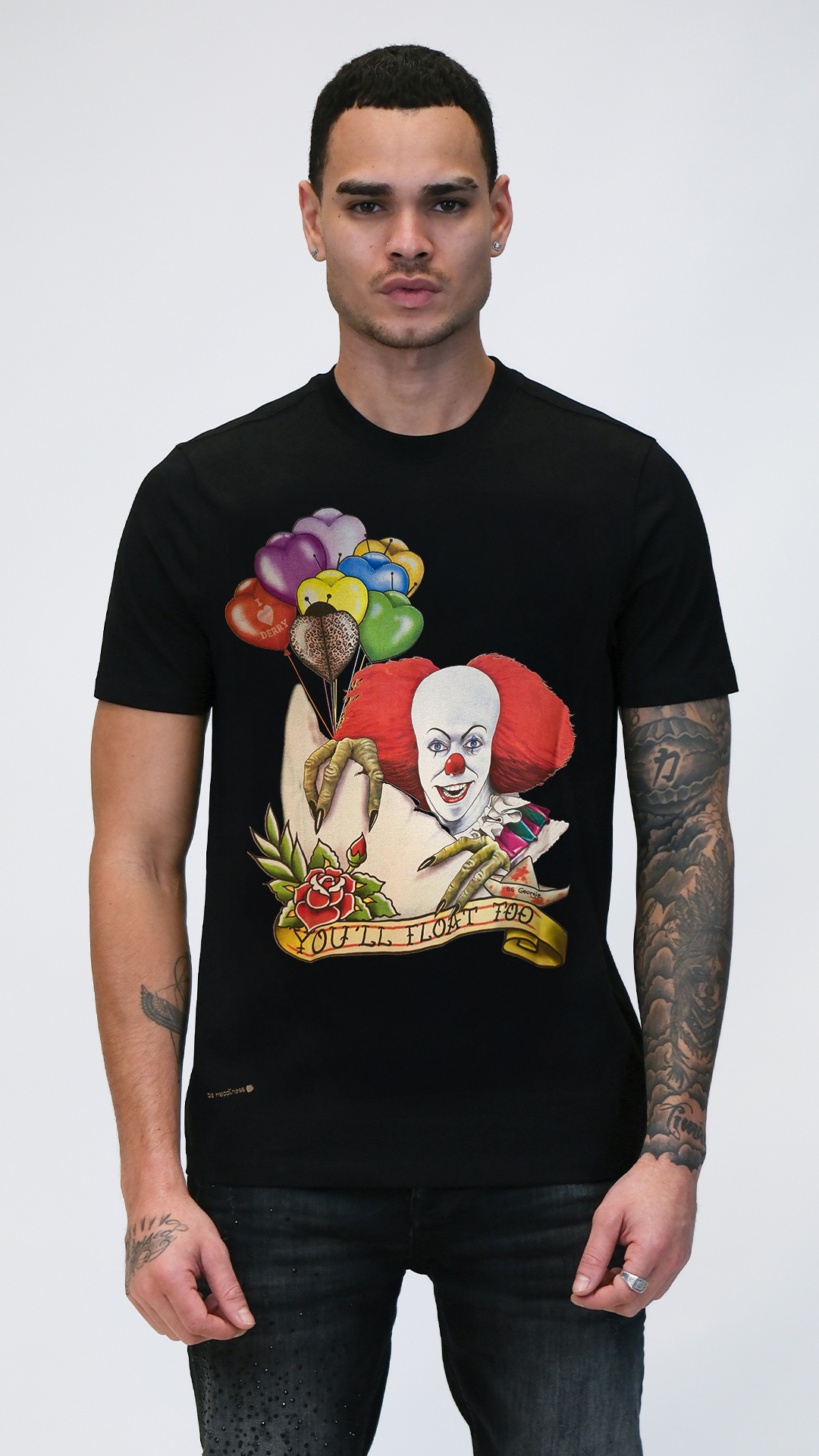 Camiseta Negra Pennywise con Gráfico de IT, Globos Coloridos y You'll Float Too