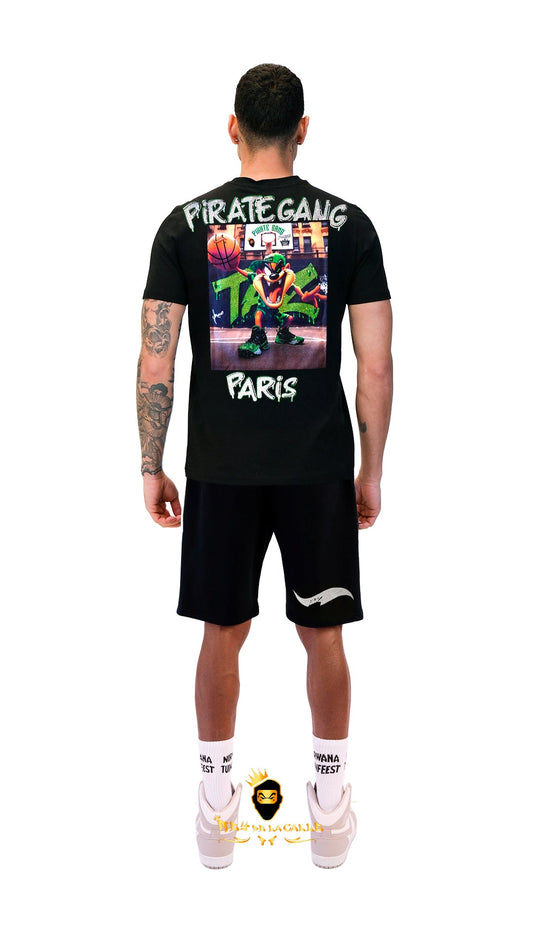 Conjunto. Camisetas o pantalon corto Pirate Gang Paris Negra Terciopelo y Pedrería Brillante Taz Rey De La Calle
