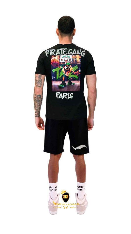 Camiseta Pirate Gang París Negra Terciopelo y Pedrería Brillante Taz