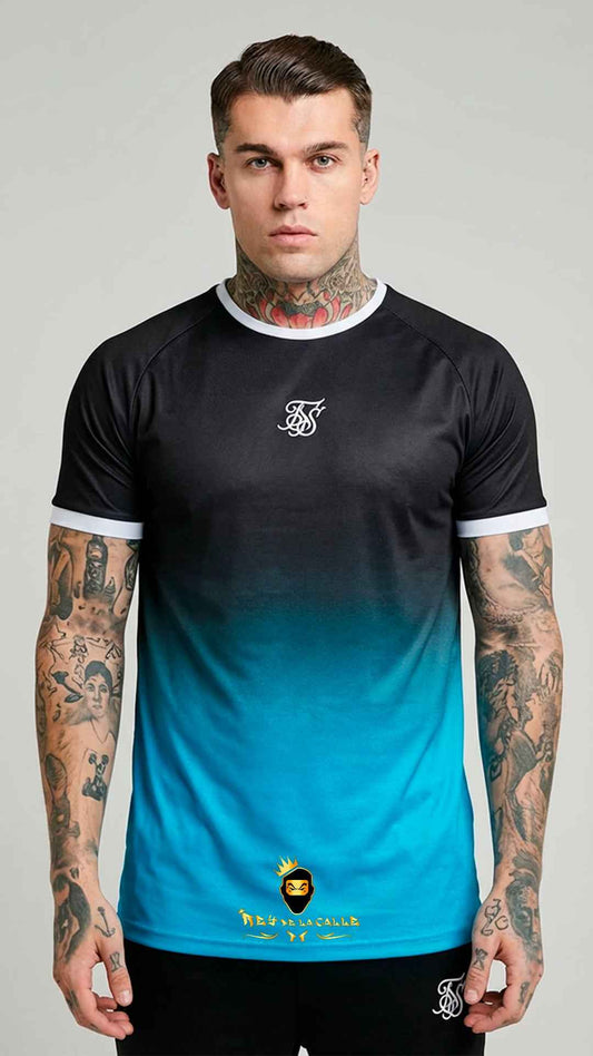 Camiseta Técnica 'SikSilk' con Degradado Negro a Turquesa y Ribetes Blancos