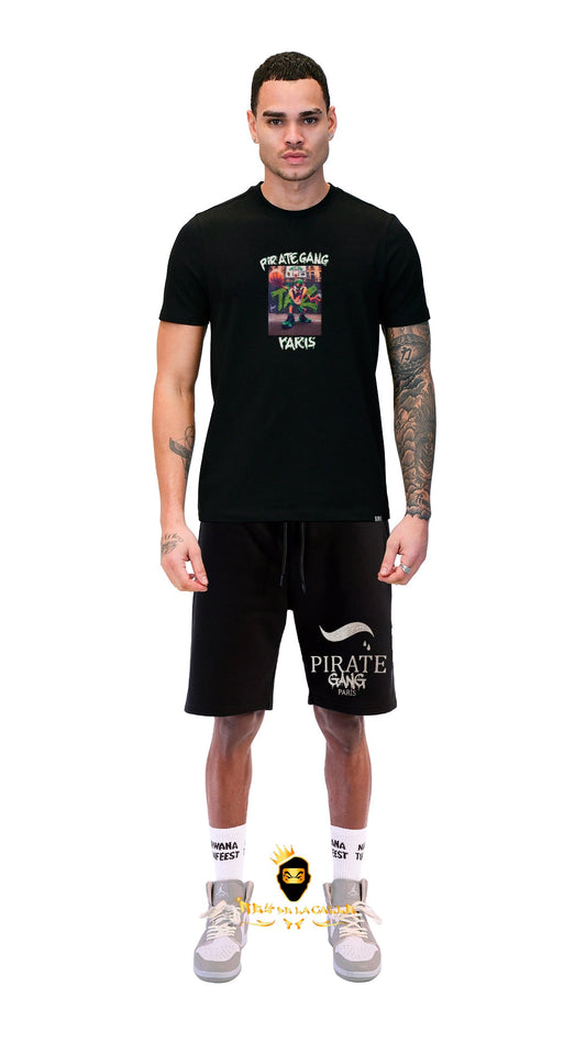 Conjunto. Camisetas o pantalon corto Pirate Gang Paris Negra Terciopelo y Pedrería Brillante Taz Rey De La Calle