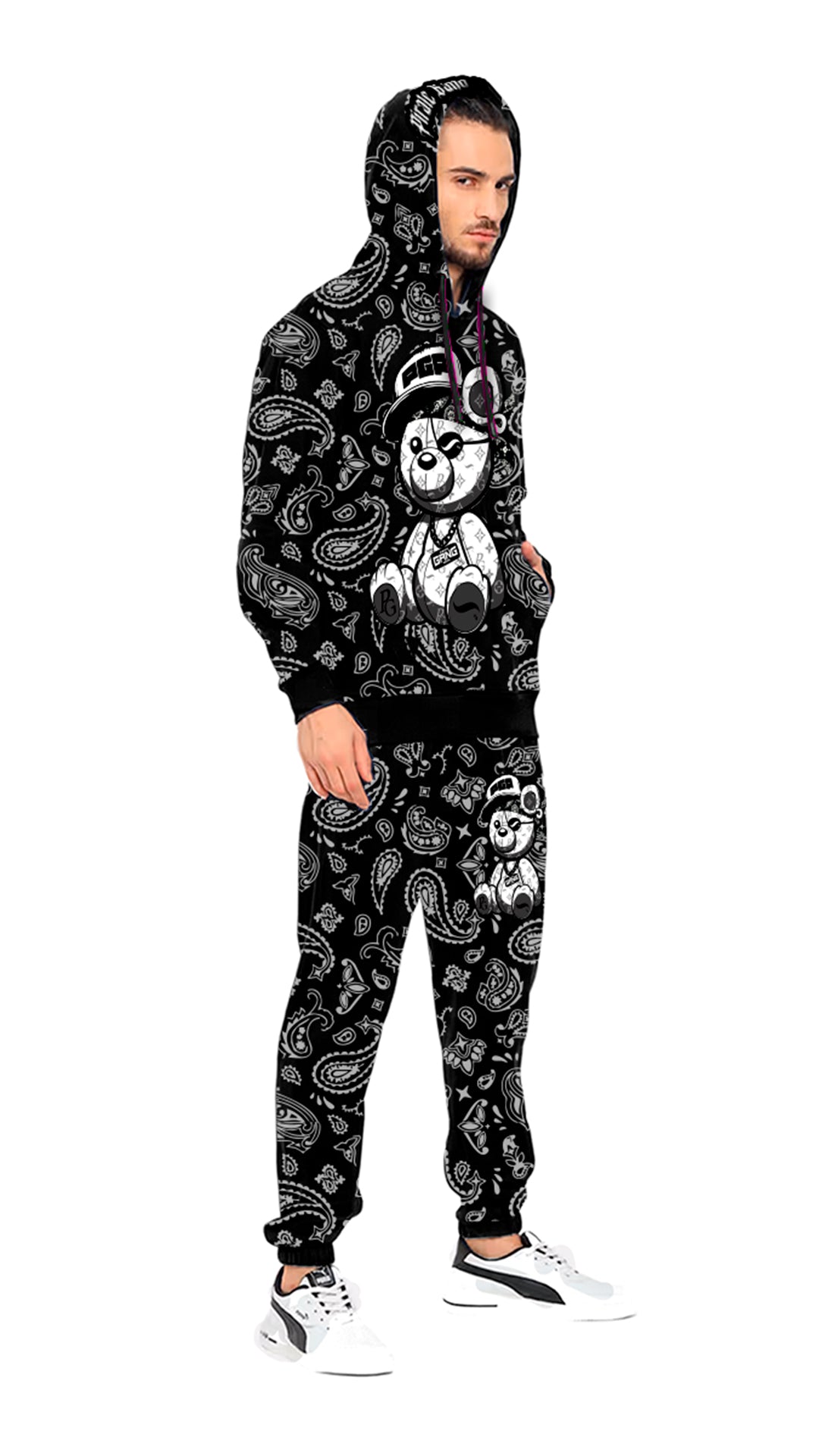 Conjunto de Chándal Negro y Blanco Paisley Oso Bandana  con Capucha – En Oferta