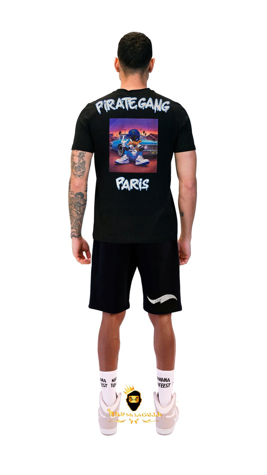 Conjunto. Camisetas o pantalon corto Pirate Gang Paris Negra Terciopelo y Pedrería Brillante Pato Lucas Rey De La Calle