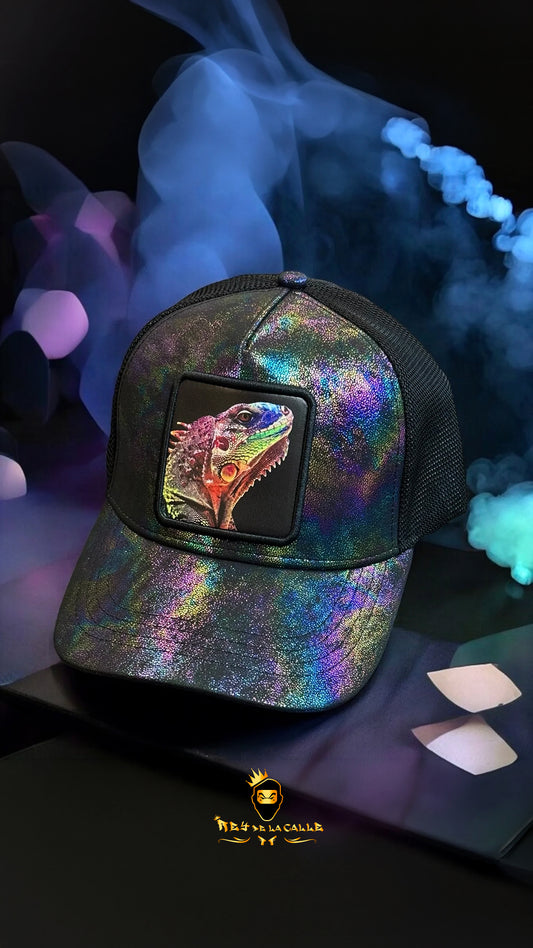 Gorra Iguana Negra Brillo Metalizado Rey De La Calle